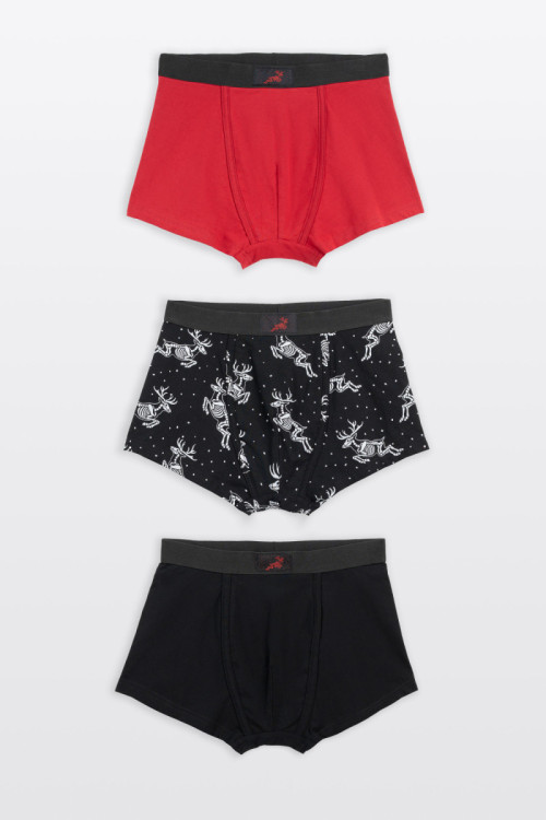 Czerwono-czarne bokserki bawełniane z motywem świątecznym 3-PAK