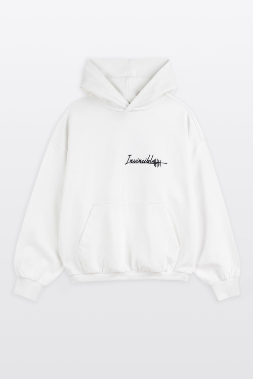 Biała bluza BOXY z kapturem z minimalistycznym haftem z przodu wkładana przez głowę