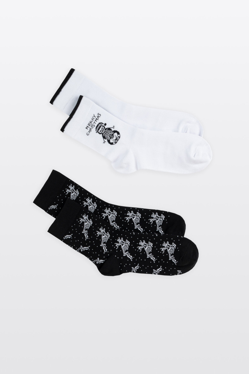 Biało-czarny zestaw skarpet z motywem świątecznym 2-PAK