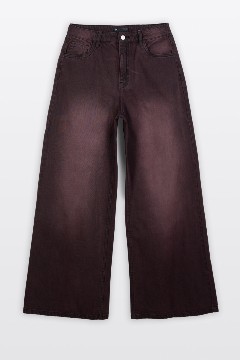 Bordowe spodnie jeansowe WIDE LEG z przetarciami