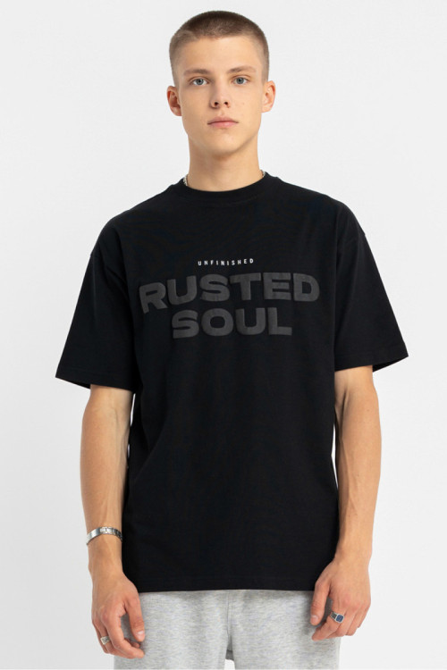 Czarny t-shirt LOOSE z autorską grafiką z przodu