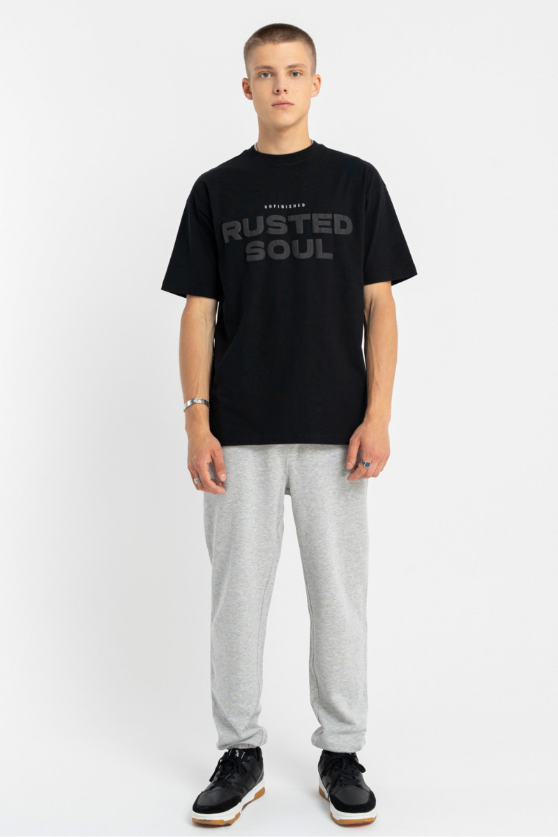 Czarny t-shirt LOOSE z autorską grafiką z przodu