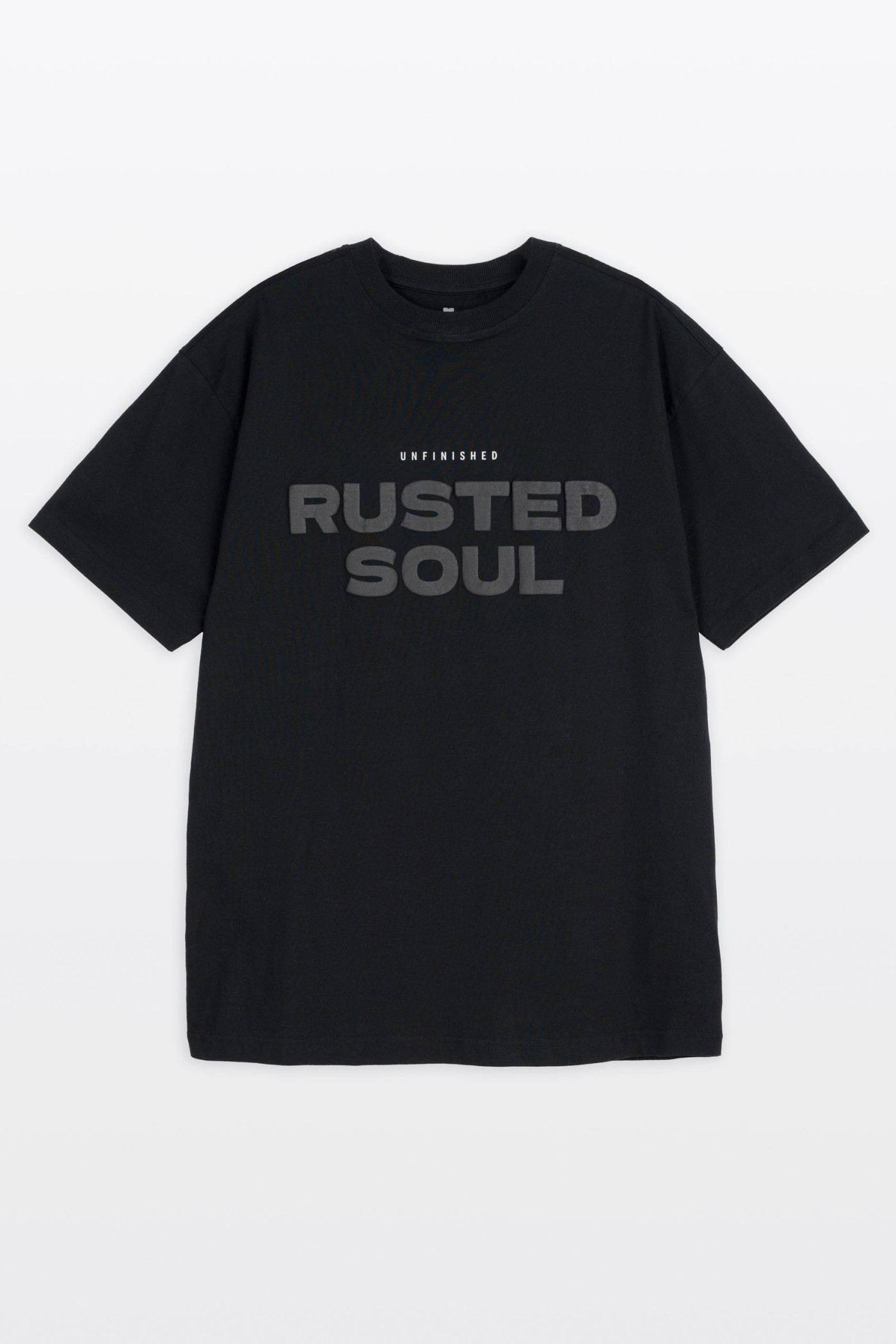 Czarny t-shirt LOOSE z autorską grafiką z przodu