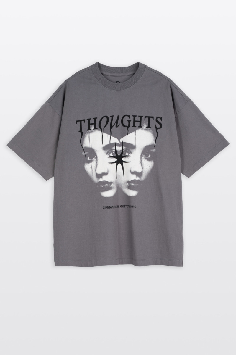 Szary t-shirt OVERSIZE z autorską grafiką z przodu, szary