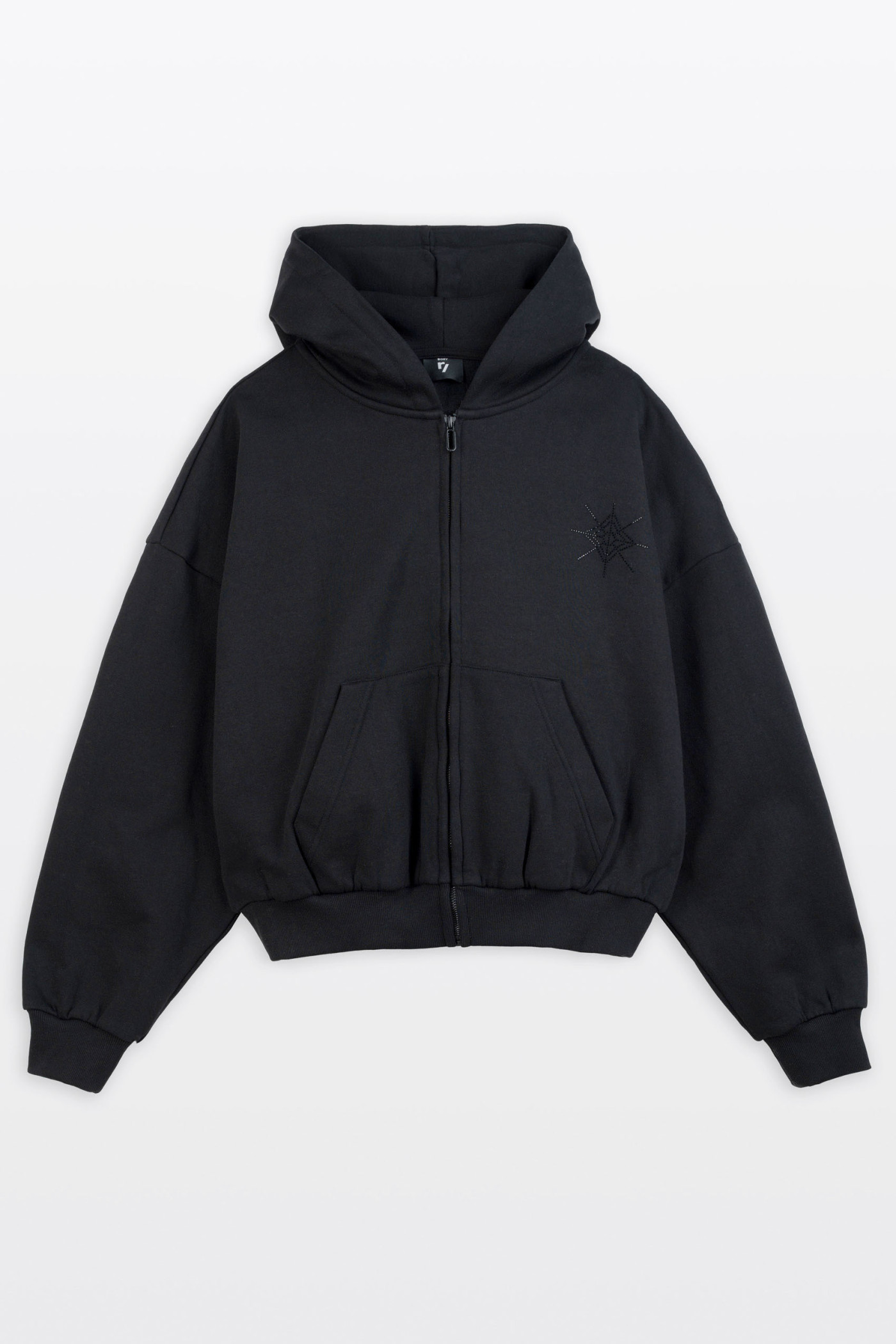 Czarna bluza BOXY z kapturem z aplikacją z dżetów z tyłu