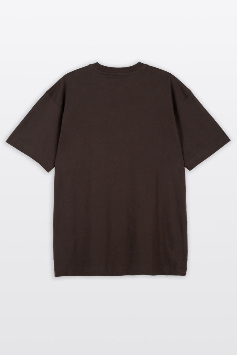 Brązowy t-shirt LOOSE z autorską grafiką z przodu