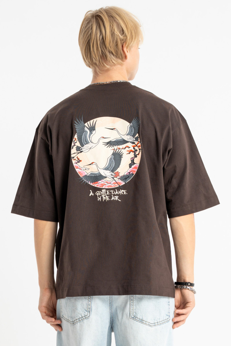 Brązowy t-shirt LOOSE z autorską grafiką z tyłu