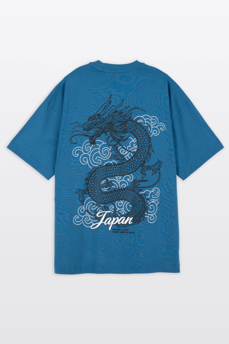 Niebieski t-shirt OVERSIZE z autorską grafiką z tyłu