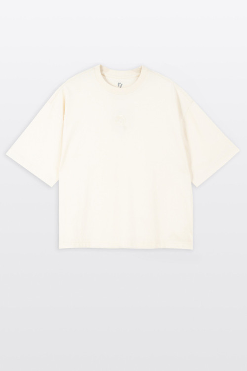 Kremowy t-shirt z autorską grafiką z tyłu