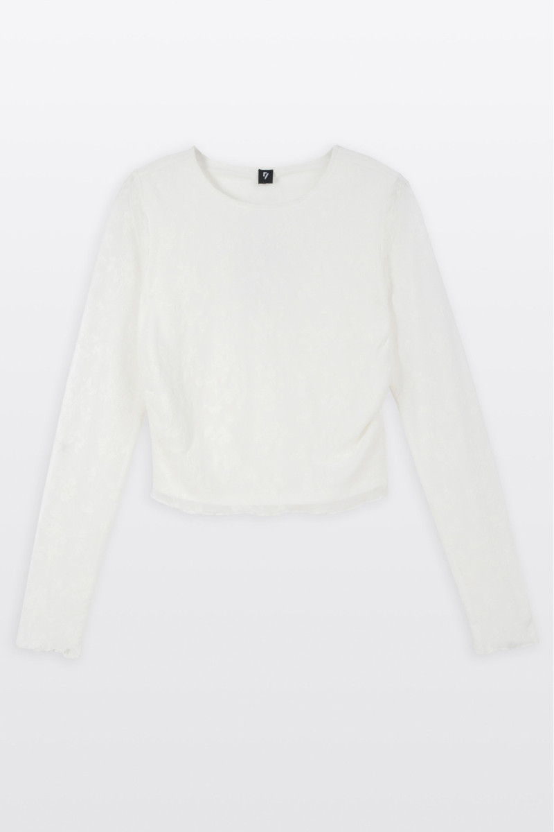 Kremowa bluzka w kwiaty z transparentnej siateczki z topem