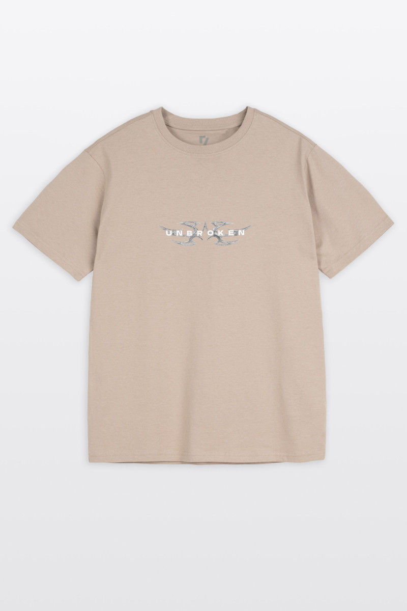 Beżowy t-shirt REGULAR z minimalistyczną grafiką z przodu