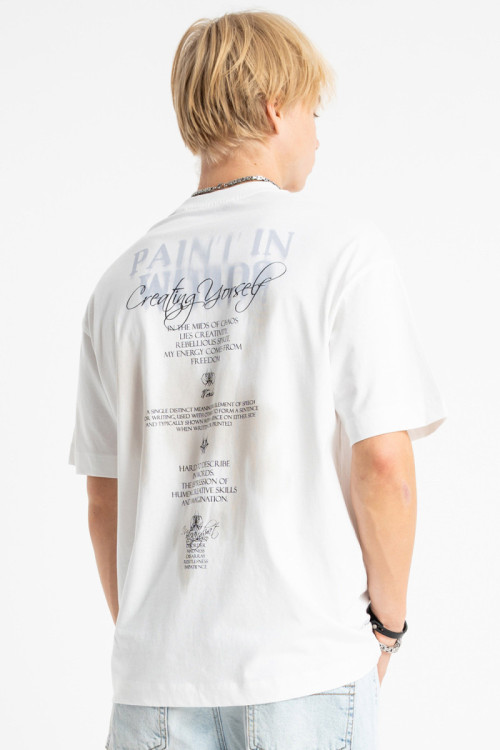 Biały t-shirt LOOSE z autorską grafiką z tyłu