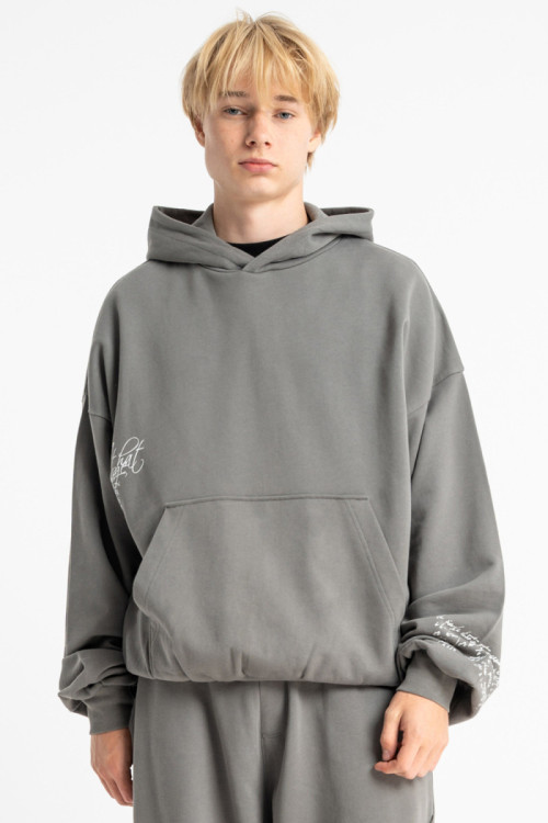 Szara bluza BOXY z kapturem z minimalistycznymi nadrukami