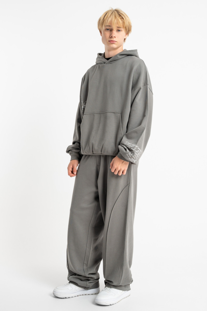 Szara bluza BOXY z kapturem z minimalistycznymi nadrukami