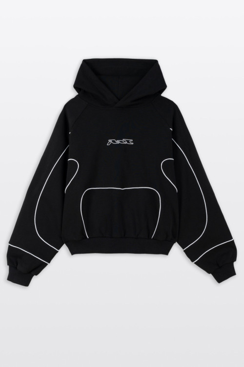 Czarna bluza BOXY z kapturem z kontrastowymi wypustkami podkreślającymi cięcia