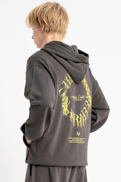 Ciemnoszara bluza REGULAR z kapturem z autorska grafiką z tyłu