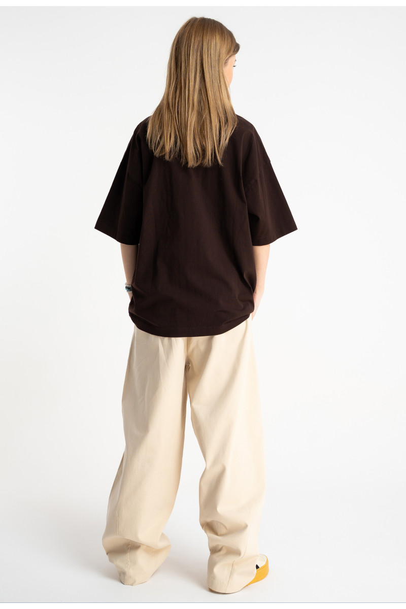 Brązowy t-shirt OVERSIZE z autorską grafiką z przodu, seledynowy