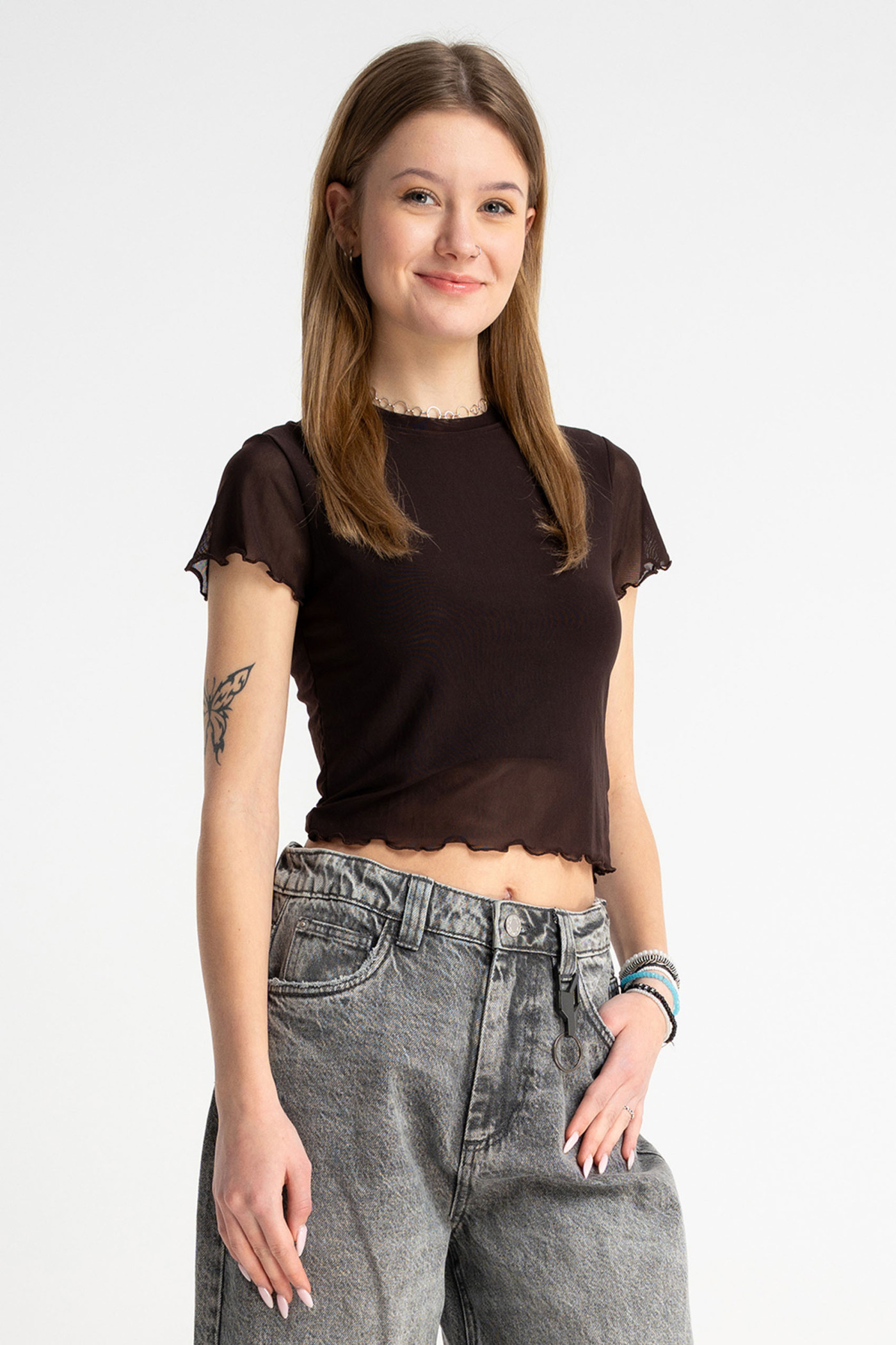 Brązowa bluzka SLIM z transparentnej siateczki z topem