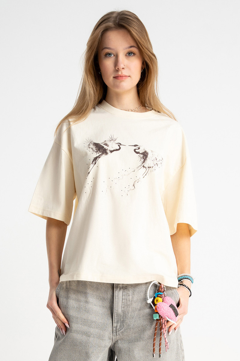 Kremowy t-shirt BOXY z autorską grafiką z przodu, beżowy