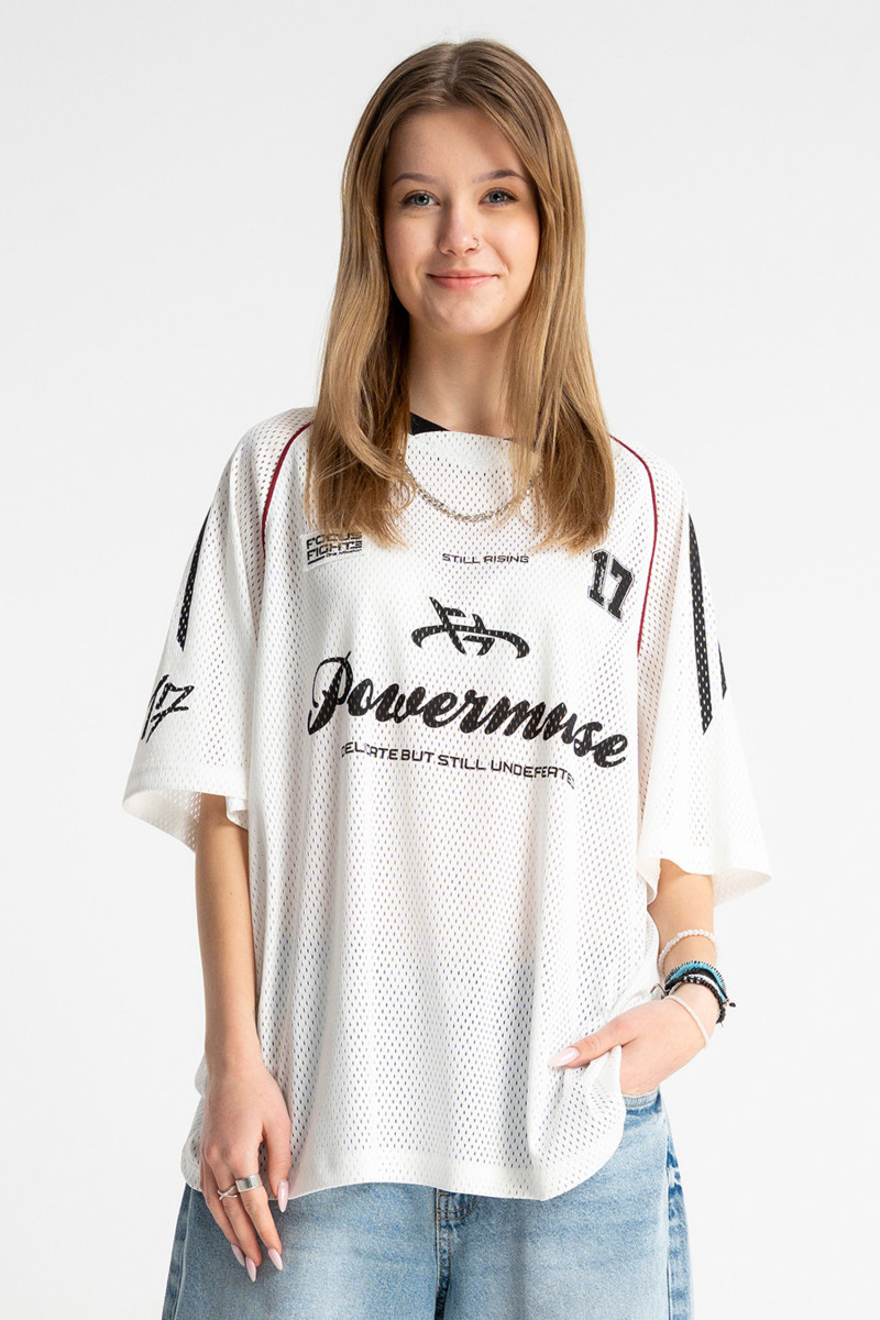 Biały t-shirt w stylu sportowym z siatki, beżowy