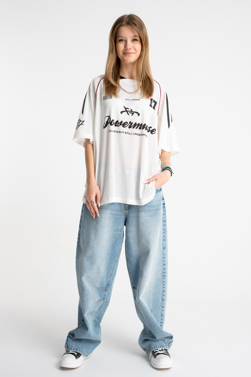 Biały t-shirt w stylu sportowym z siatki, beżowy