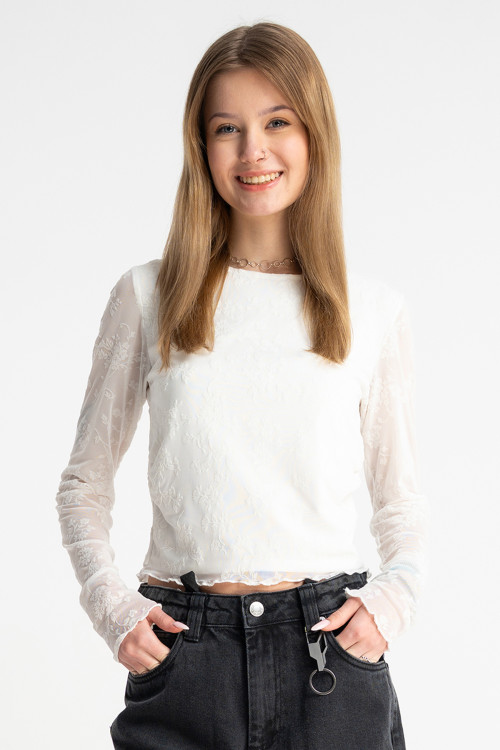 Kremowa bluzka w kwiaty z transparentnej siateczki z topem