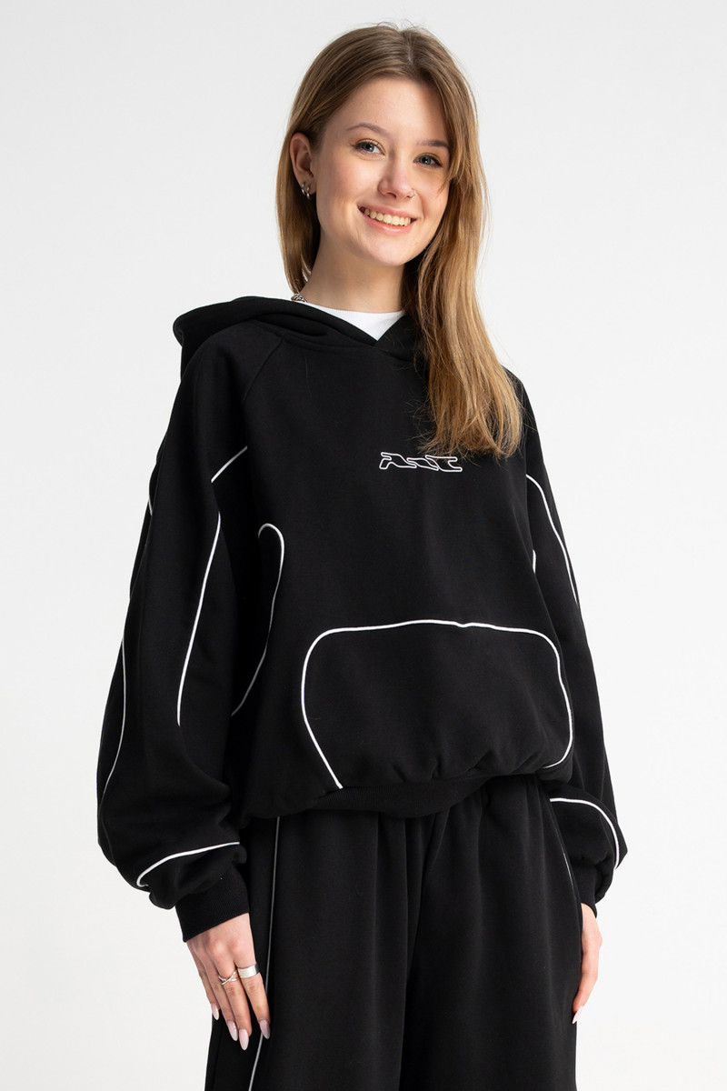 Czarna bluza BOXY z kapturem z kontrastowymi wypustkami podkreślającymi cięcia, czarny