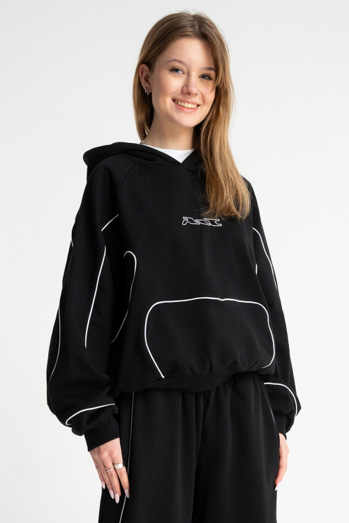 Czarna bluza BOXY z kapturem z kontrastowymi wypustkami podkreślającymi cięcia