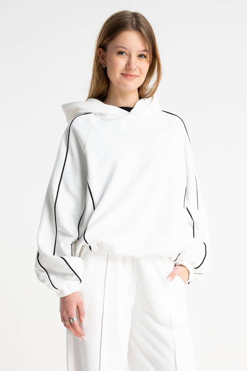 Biała bluza BOXY z kapturem z kontrastową lamówką, biały