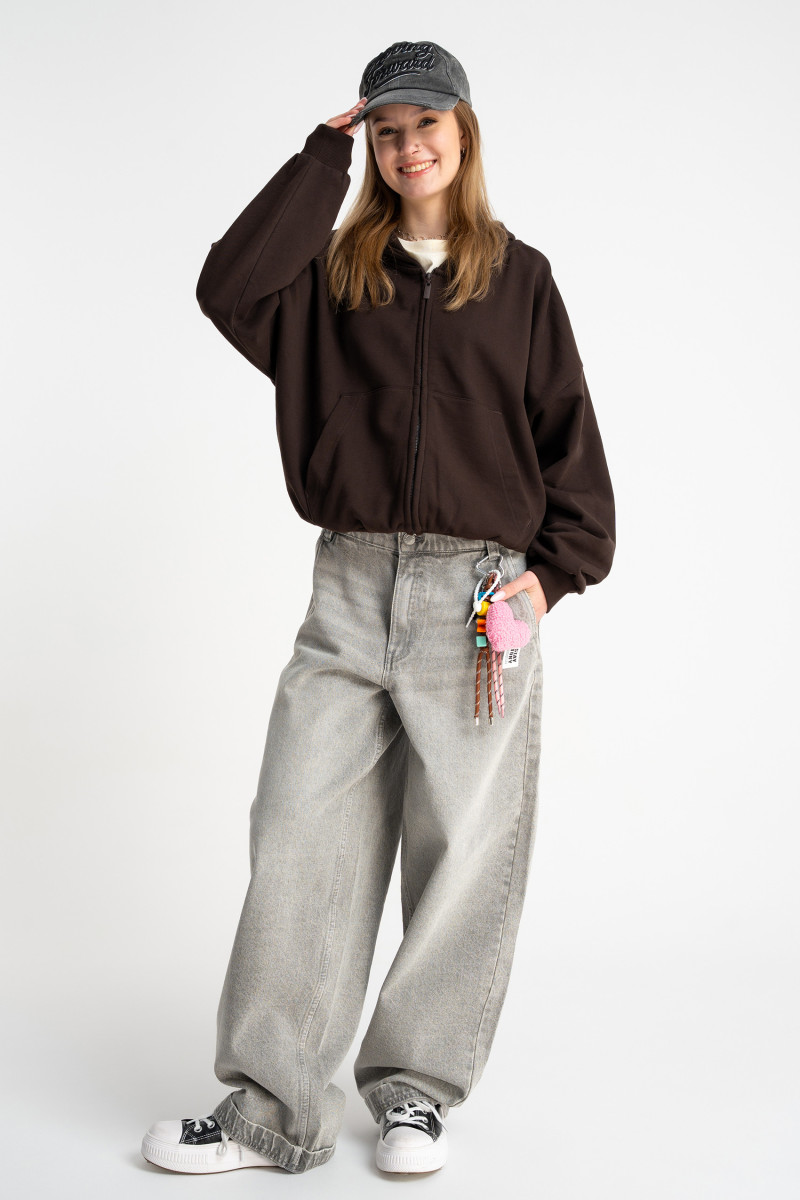 Brązowa bluza BOXY z kapturem z autorska grafiką z tyłu, seledynowy