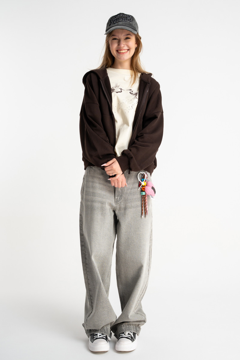 Brązowa bluza BOXY z kapturem z autorska grafiką z tyłu, seledynowy