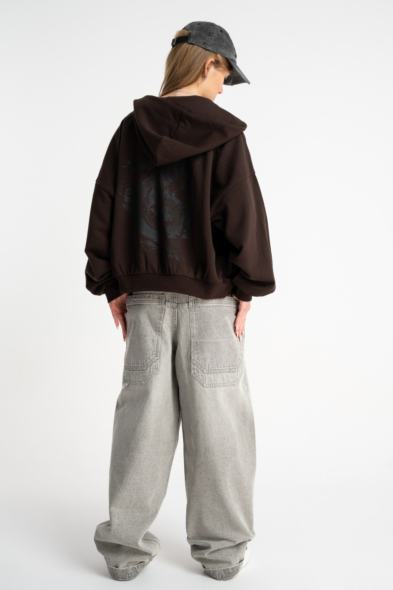 Brązowa bluza BOXY z kapturem z autorska grafiką z tyłu, seledynowy