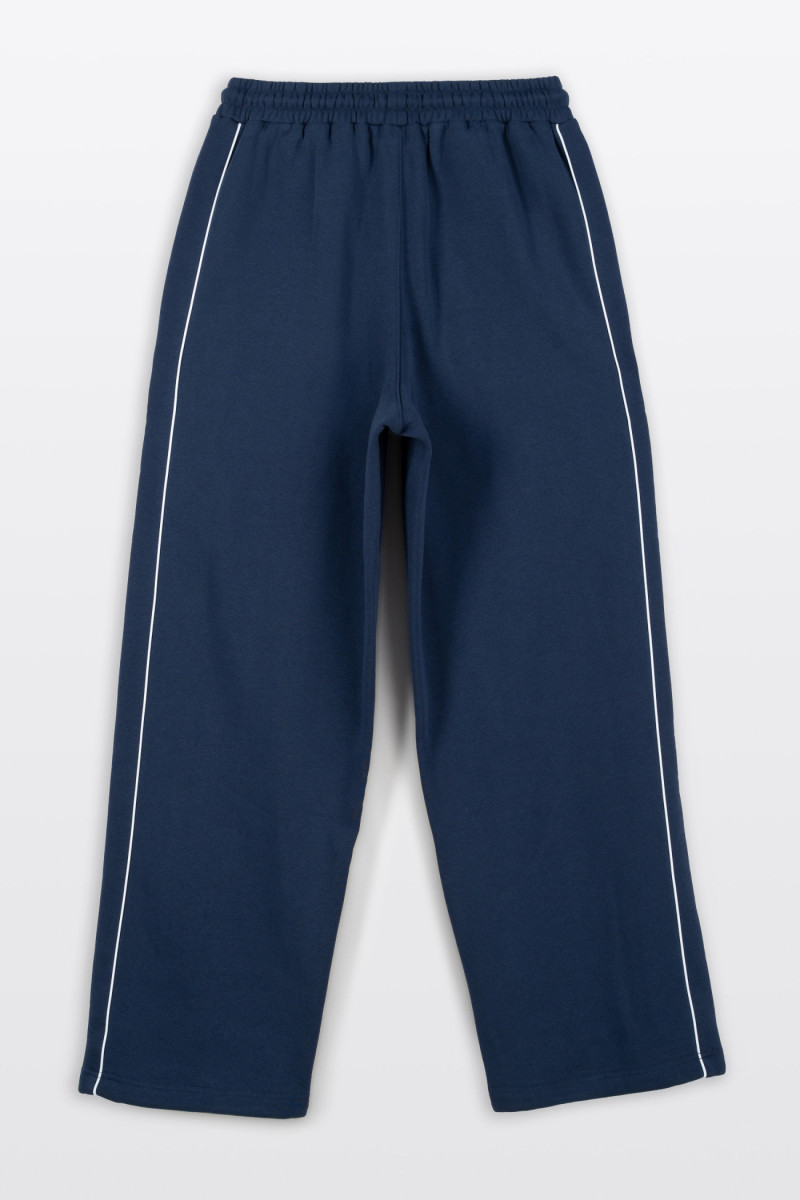 Granatowe spodnie dresowe WIDE LEG z kontrastowymi wypustkami podkreślającymi cięcia