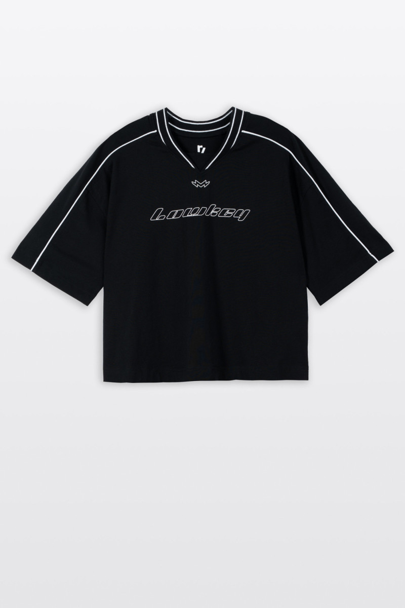 Czarny t-shirt BOXY z kontrastowymi wypustkami