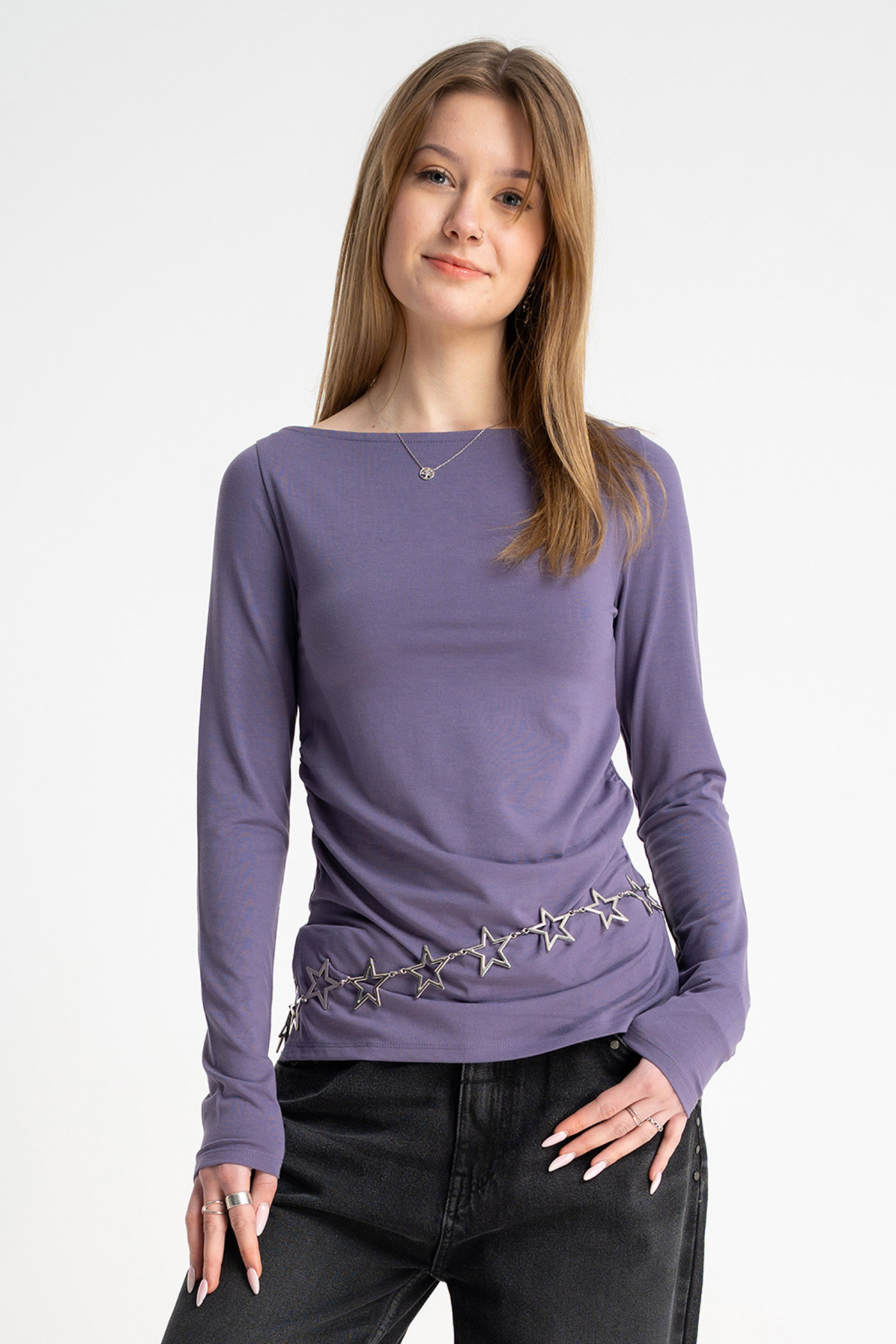 Fioletowa bluzka LONG z długimi rękawami z marszczeniami w pasie