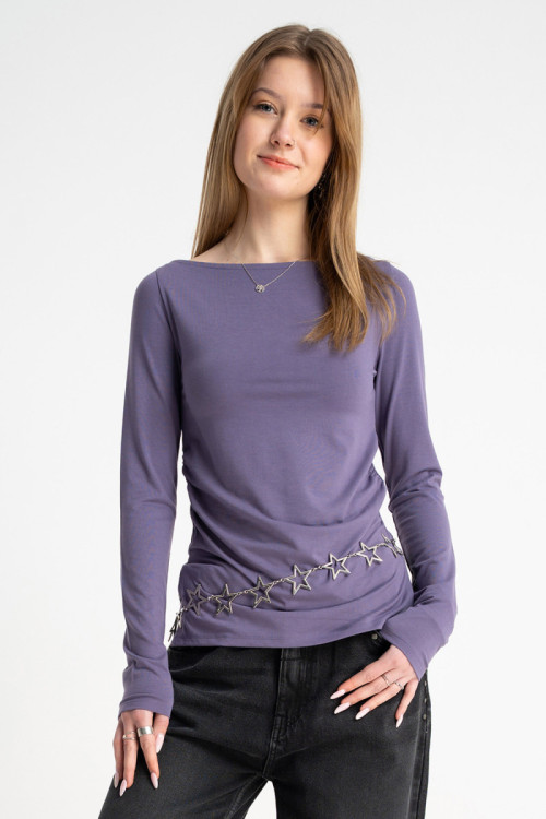 Fioletowa bluzka LONG z długimi rękawami z marszczeniami w pasie