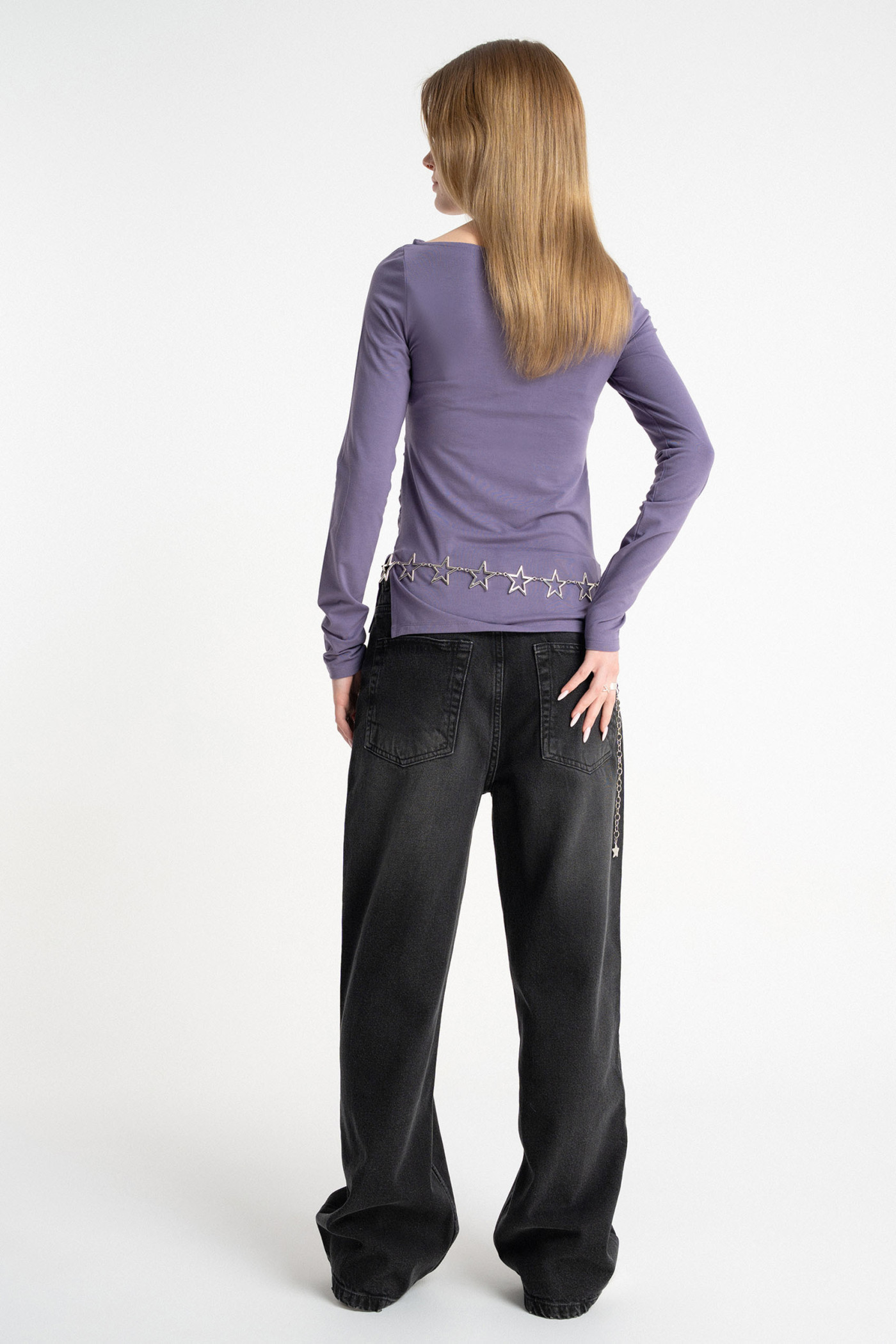 Fioletowa bluzka LONG z długimi rękawami z marszczeniami w pasie