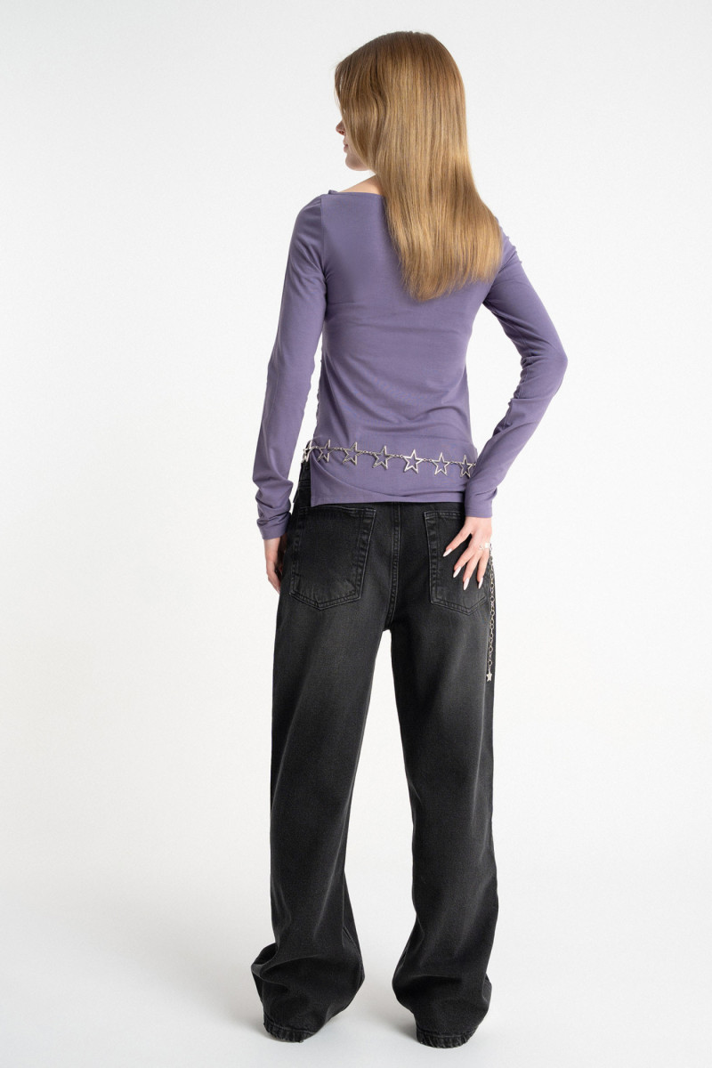 Fioletowa bluzka LONG z długimi rękawami z marszczeniami w pasie