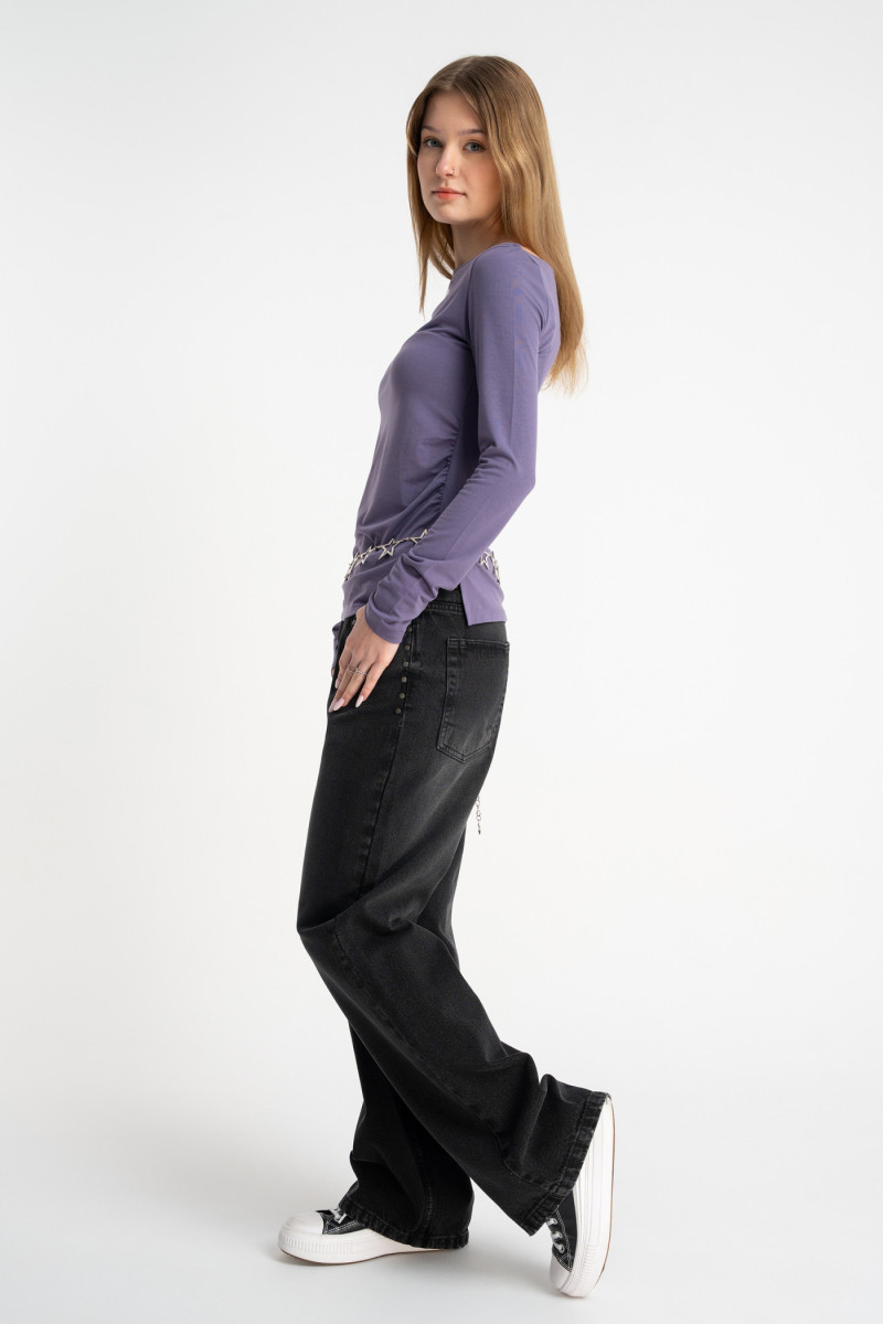 Fioletowa bluzka LONG z długimi rękawami z marszczeniami w pasie