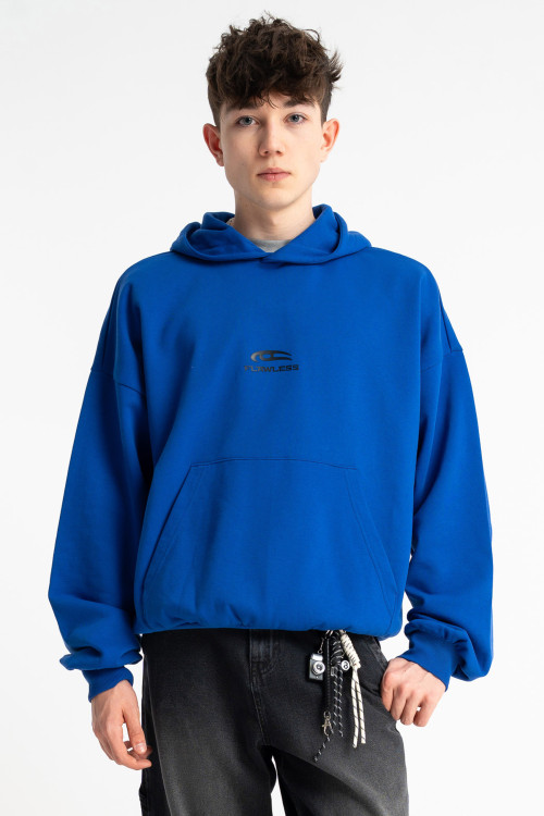 Niebieska bluza BOXY z kapturem z minimalistycznym nadrukiem