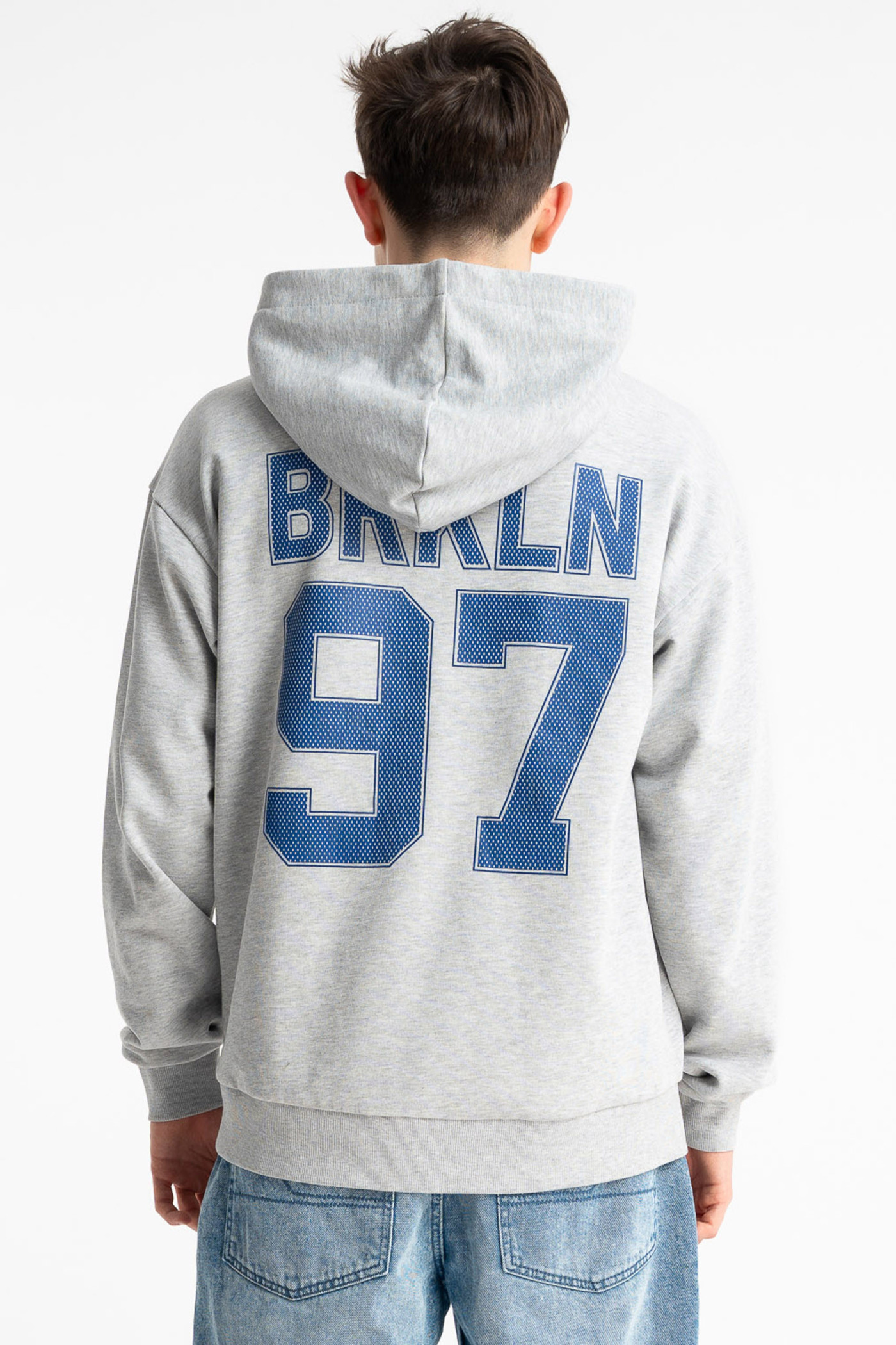 Szara bluza REGULAR z kapturem z autorską grafiką z tyłu