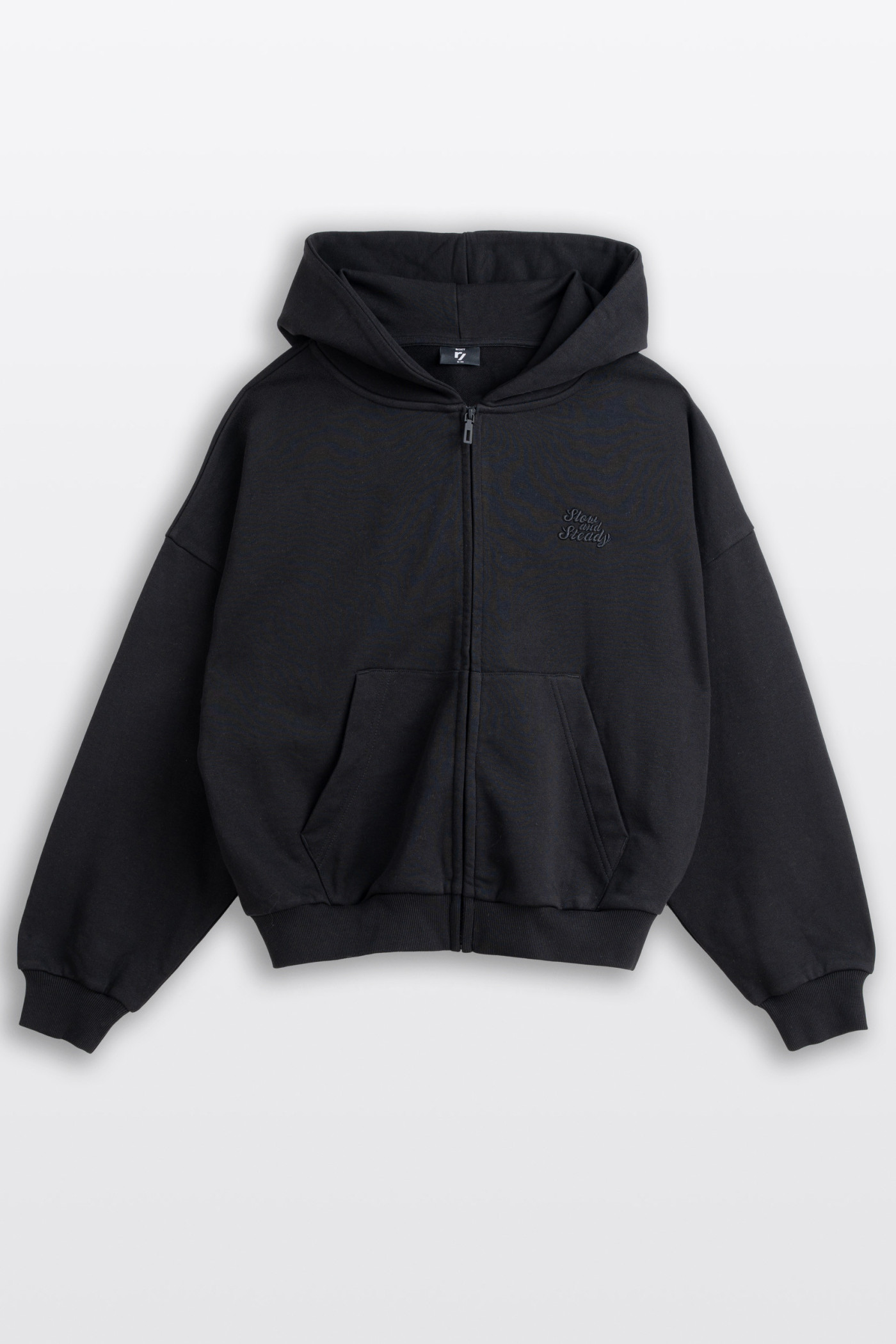 Czarna bluza BOXY z kapturem z minimalistycznym haftem