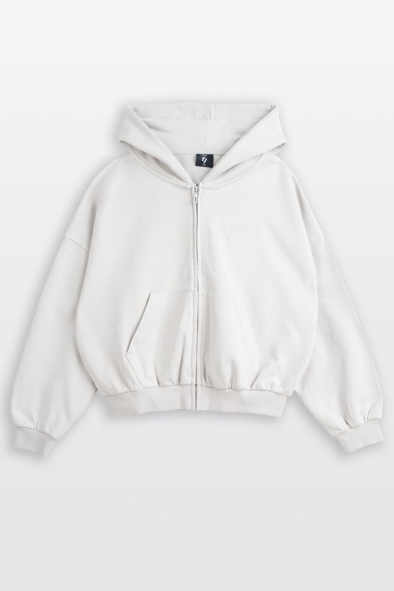 Jasnoszara bluza BOXY z kapturem  minimalistycznym haftem, szary