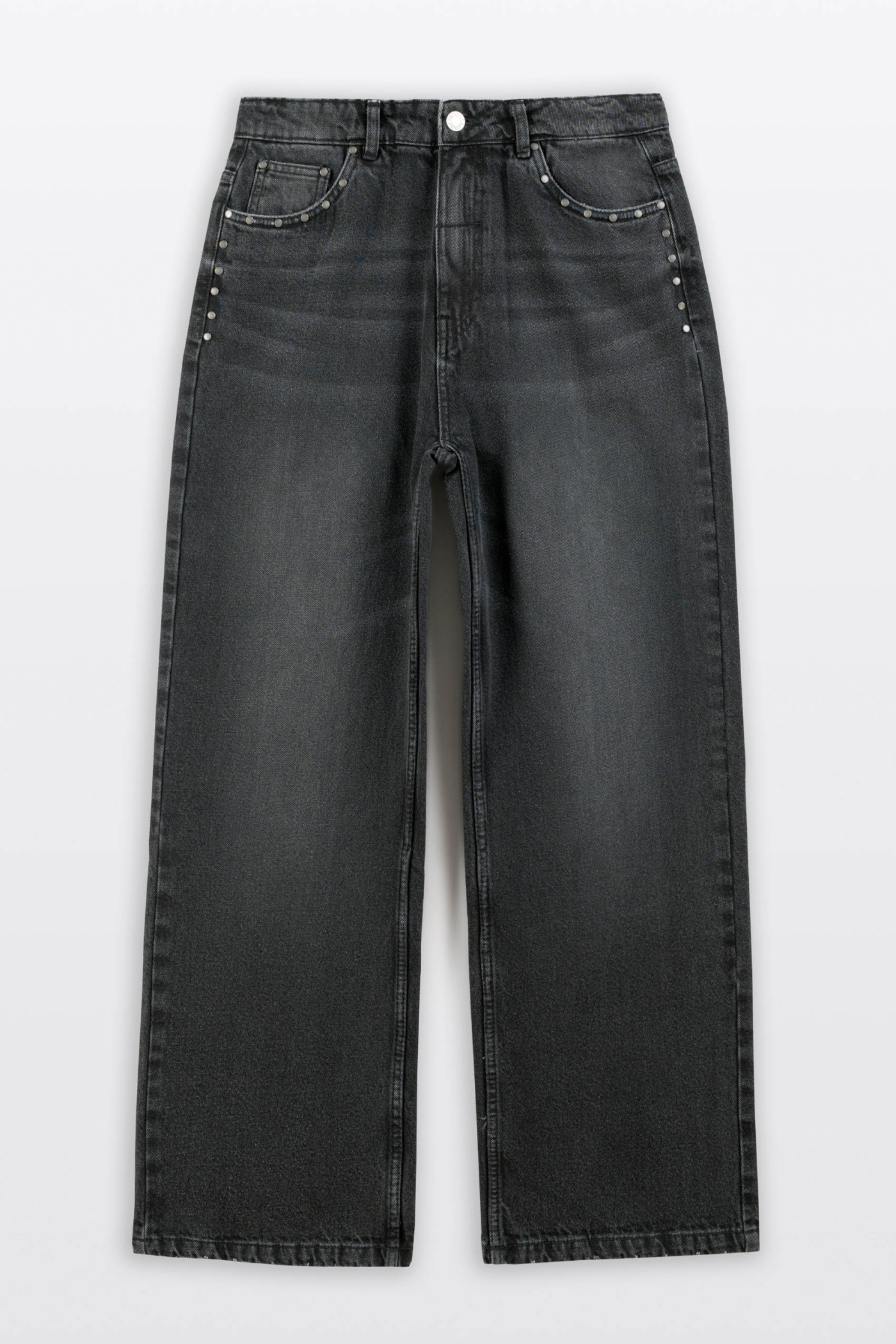 Czarne spodnie jeansowe STRAIGHT z ozdobnymi dżetami zapinane na zamek