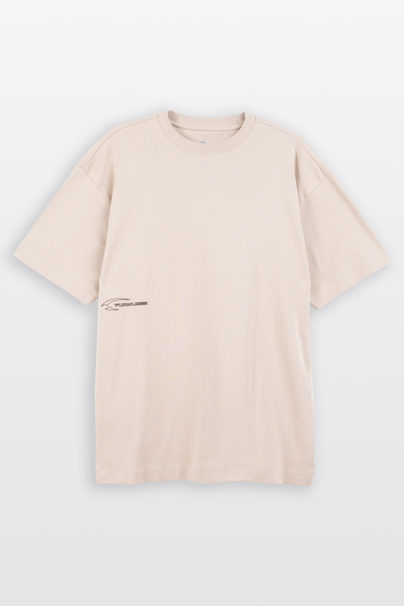 Beżowy t-shirt LOOSE z minimalistycznym nadrukiem