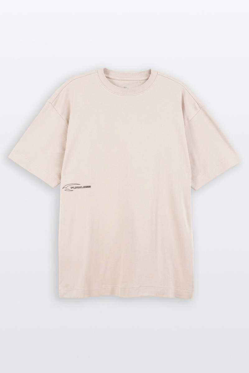 Beżowy t-shirt LOOSE z minimalistycznym nadrukiem