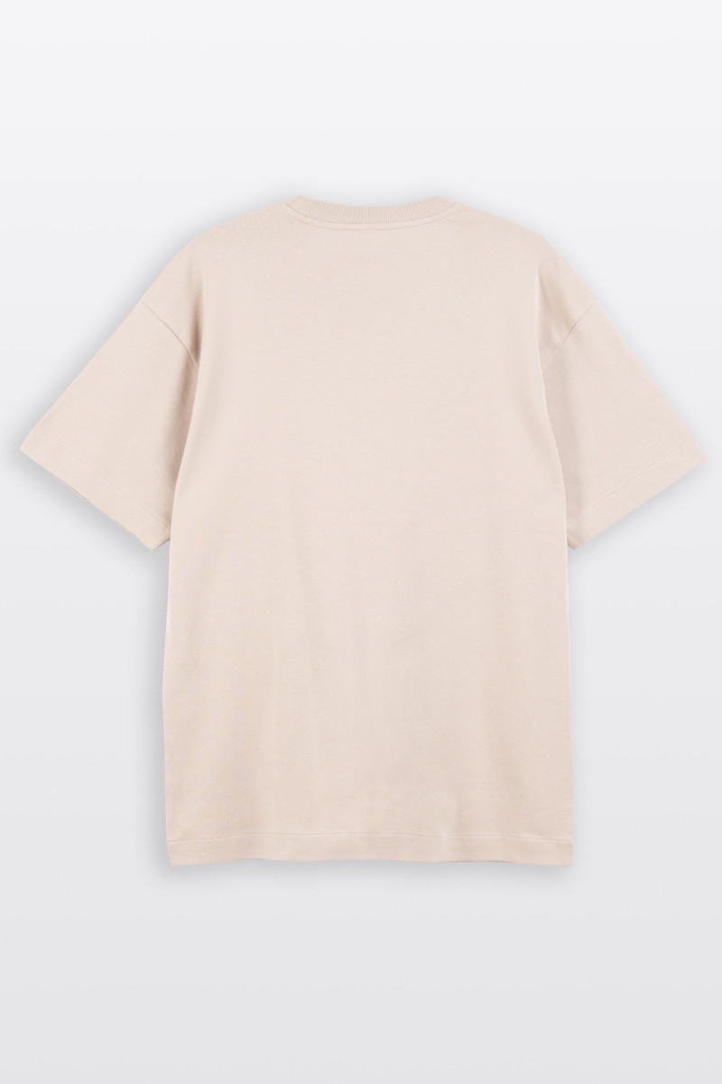Beżowy t-shirt LOOSE z minimalistycznym nadrukiem
