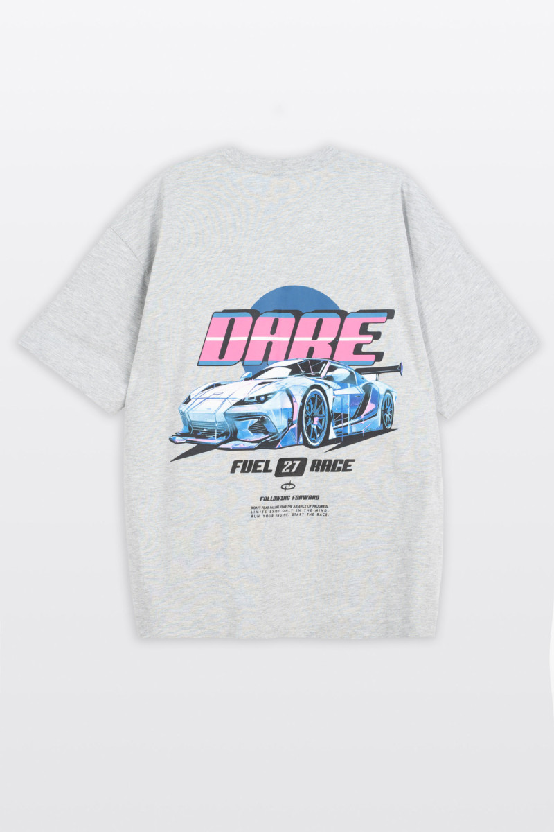 Szary t-shirt OVERSIZE z autorską grafiką z przodu