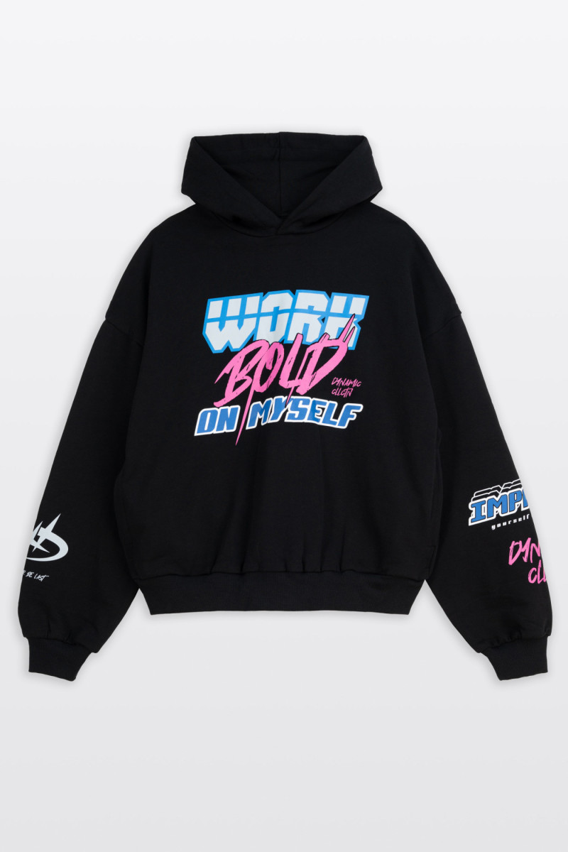 Czarna bluza BOXY z kapturem z autorską grafiką z przodu