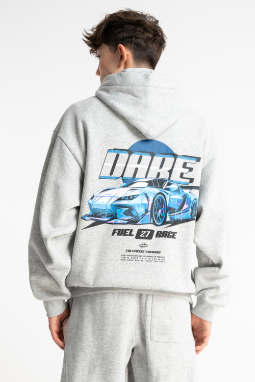 Szara bluza OVERSIZE z kapturem z autorską grafiką z tyłu